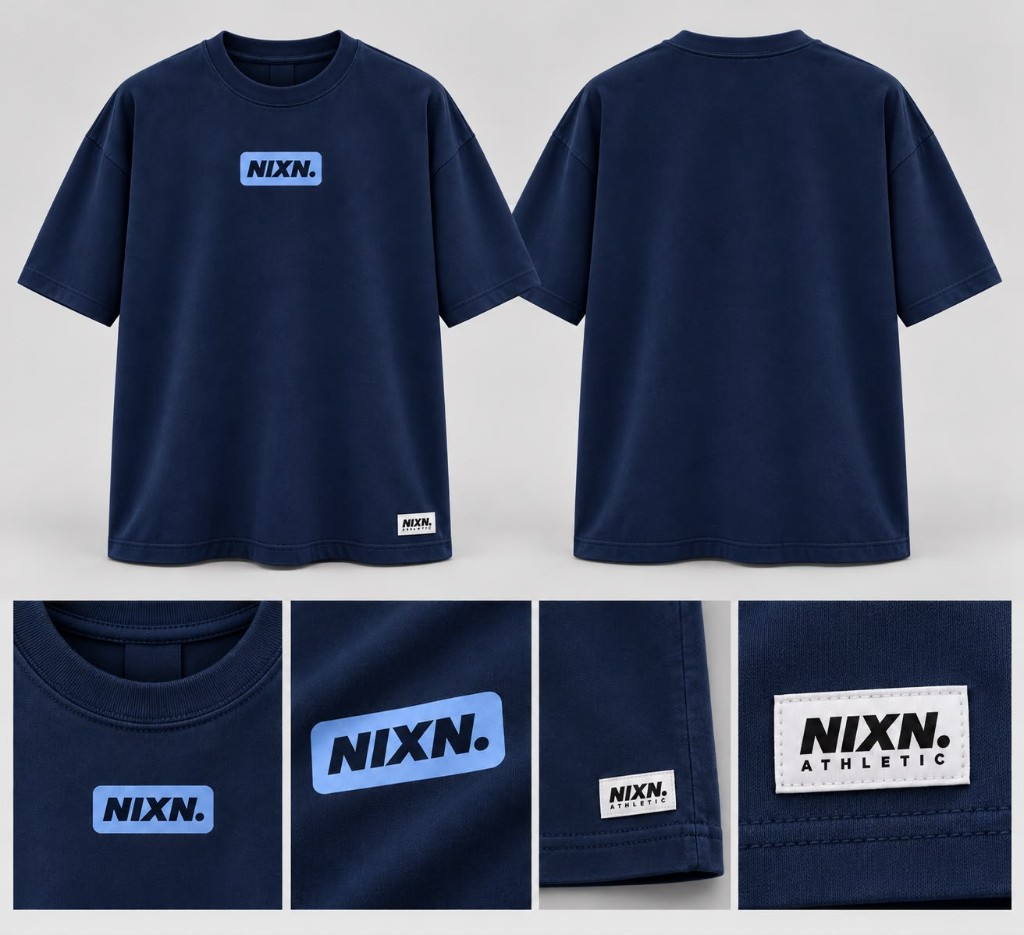 NIXN. navy oversized t-shirt with periwinkle chest badge, shown front, back, and in detail